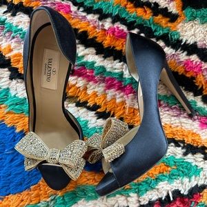 Valentino black satin crystal bow heels